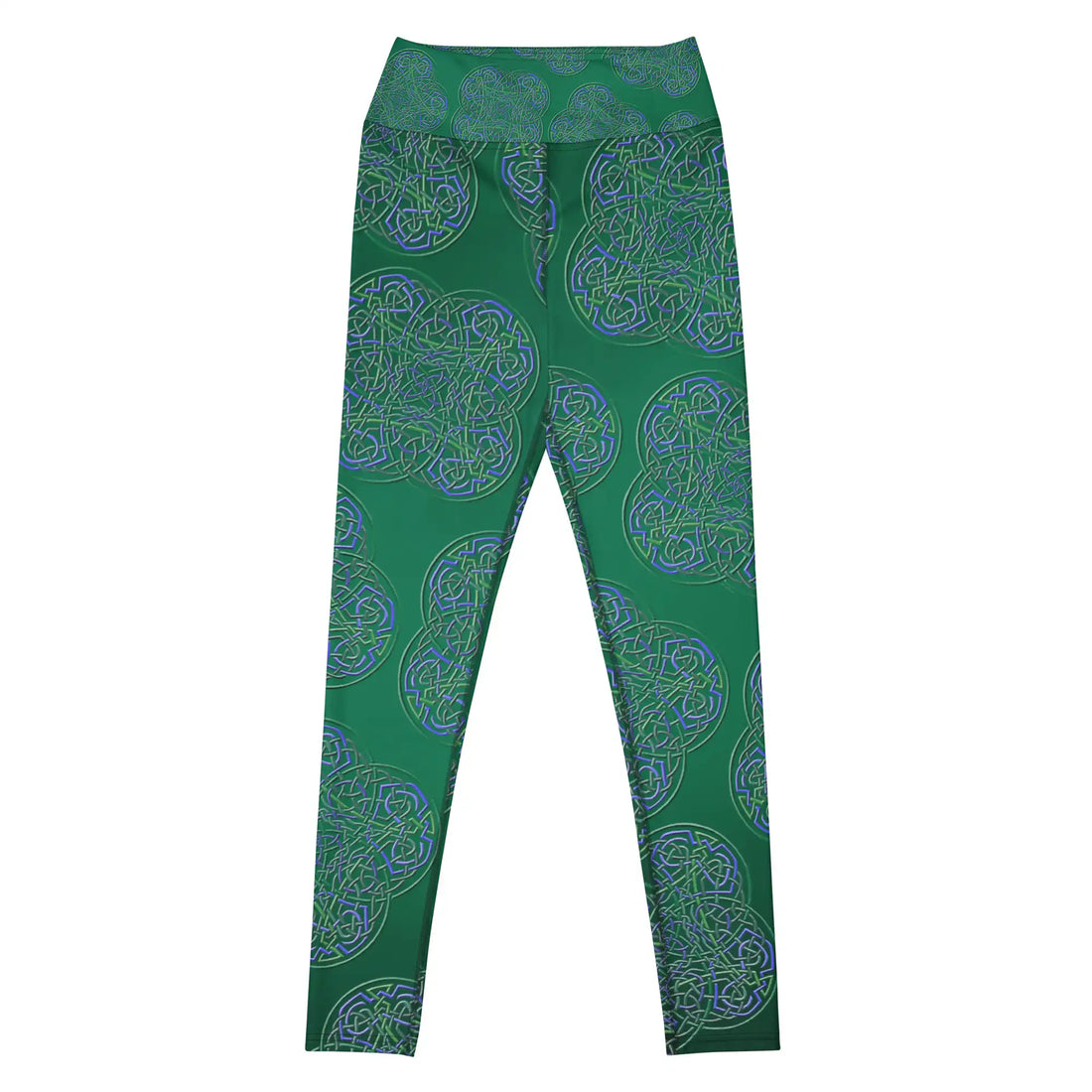 The front side of a pair of Xigfireon graphic yoga leggings featuring the Living Colour Forest patterned series of the Reach Of The Spirit Celtic knot design.