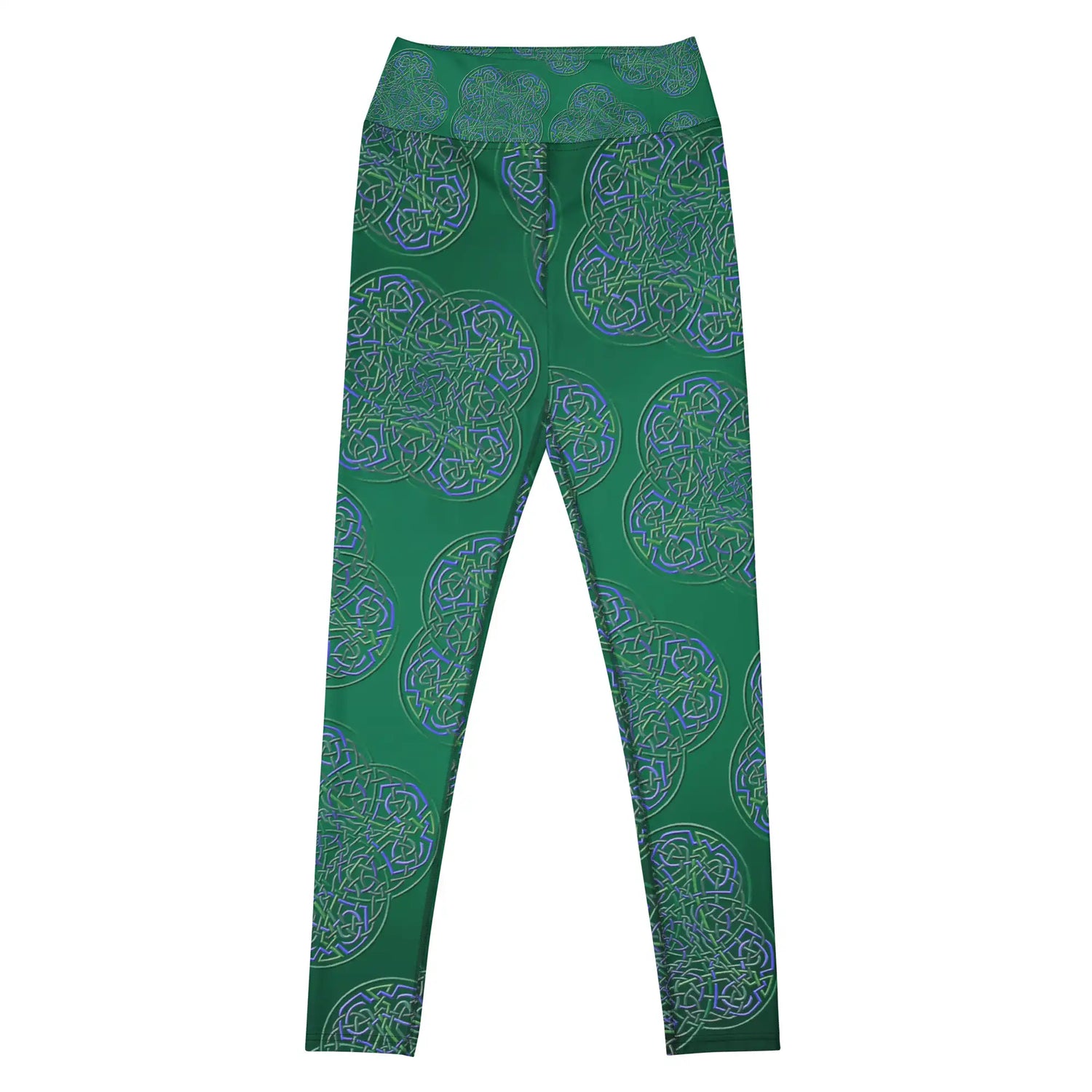 The front side of a pair of Xigfireon graphic yoga leggings featuring the Living Colour Forest patterned series of the Reach Of The Spirit Celtic knot design.