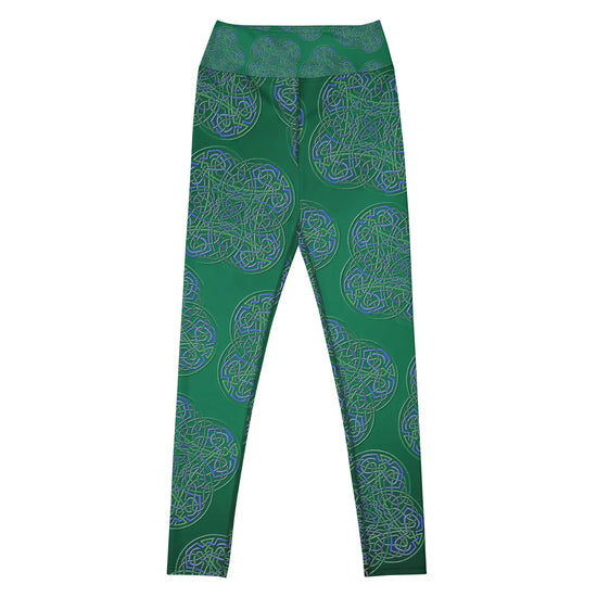 The front side of a pair of Xigfireon graphic yoga leggings featuring the Living Colour Forest patterned series of the Reach Of The Spirit Celtic knot design.