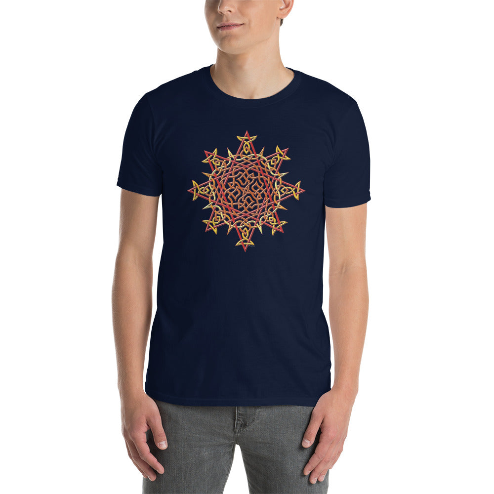 A young man wearing a navy blue Xigfireon graphic t-shirt featuring the Fire Colour iteration of the `Morning Star Fire` Celtic knot design. The `Morning Star Fire` Celtic knot represents Father Sun and the eternal Cosmic Light.