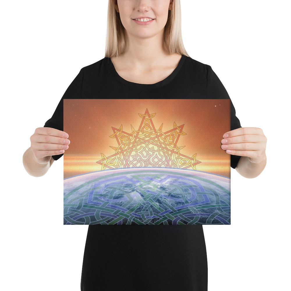 A young woman holding a 12 inch x 16 inch canvas print of the `Derivation II` Celtic knot design, which symbolizes the Sun and the Earth and their cosmic dance.