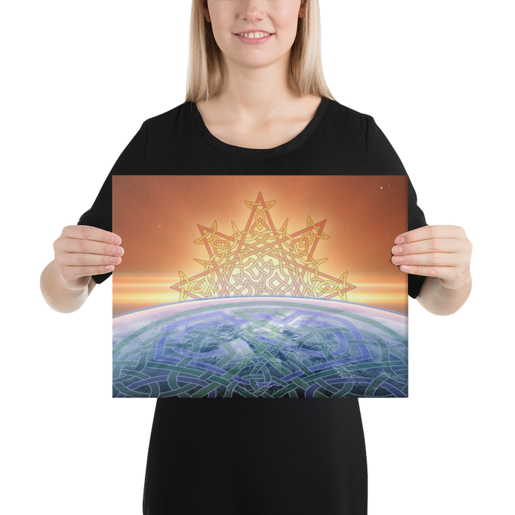 A young woman holding a 12 inch x 16 inch canvas print of the `Derivation II` Celtic knot design, which symbolizes the Sun and the Earth and their cosmic dance.