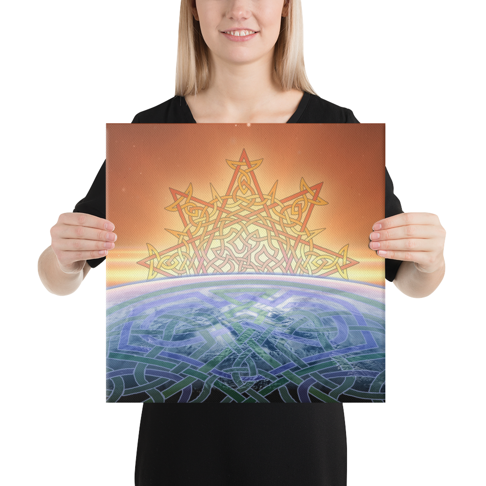 A young woman holding a 16 inch x 16 inch canvas print of the `Derivation II` Celtic knot design, which symbolizes the Sun and the Earth and their cosmic dance.