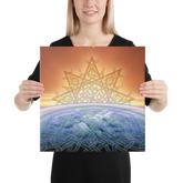 A young woman holding a 16 inch x 16 inch canvas print of the `Derivation II` Celtic knot design, which symbolizes the Sun and the Earth and their cosmic dance.