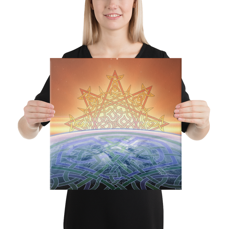 A young woman holding a 16 inch x 16 inch canvas print of the `Derivation II` Celtic knot design, which symbolizes the Sun and the Earth and their cosmic dance.