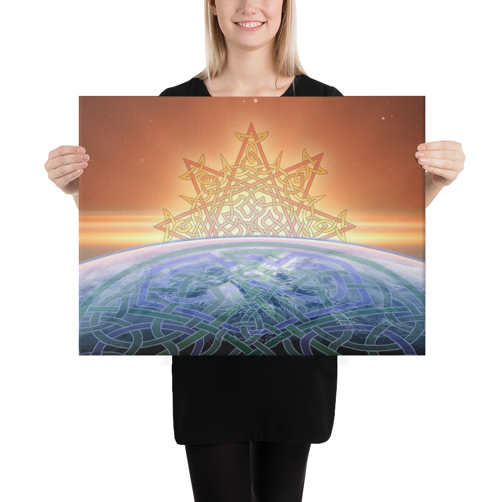 A young woman holding an 18 inch x 24 inch canvas print of the `Derivation II` Celtic knot design, which symbolizes the Sun and the Earth and their cosmic dance.