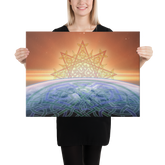 A young woman holding an 18 inch x 24 inch canvas print of the `Derivation II` Celtic knot design, which symbolizes the Sun and the Earth and their cosmic dance.