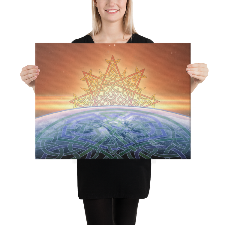 A young woman holding an 18 inch x 24 inch canvas print of the `Derivation II` Celtic knot design, which symbolizes the Sun and the Earth and their cosmic dance.