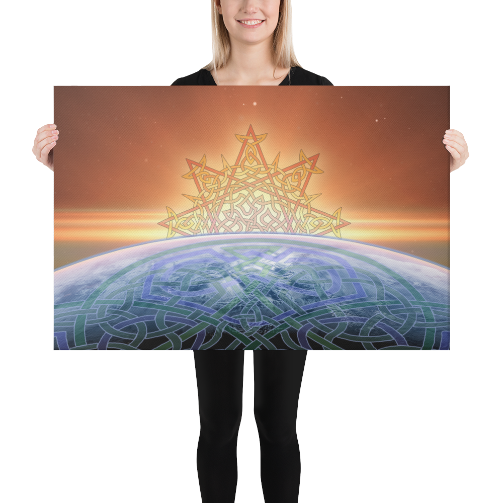 A young woman holding a 24 inch x 36 inch canvas print of the `Derivation II` Celtic knot design, which symbolizes the Sun and the Earth and their cosmic dance.