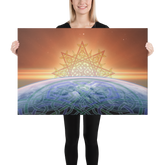 A young woman holding a 24 inch x 36 inch canvas print of the `Derivation II` Celtic knot design, which symbolizes the Sun and the Earth and their cosmic dance.