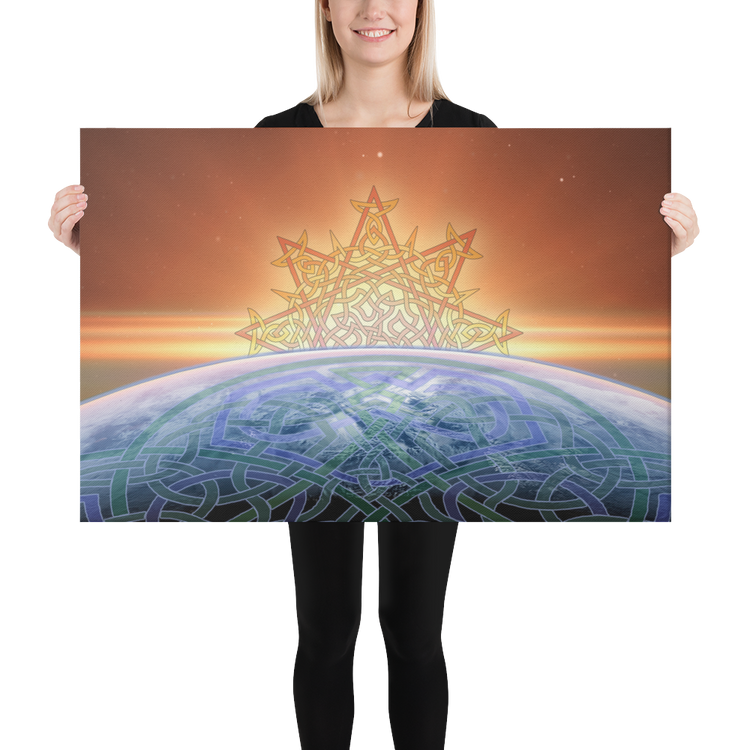 A young woman holding a 24 inch x 36 inch canvas print of the `Derivation II` Celtic knot design, which symbolizes the Sun and the Earth and their cosmic dance.