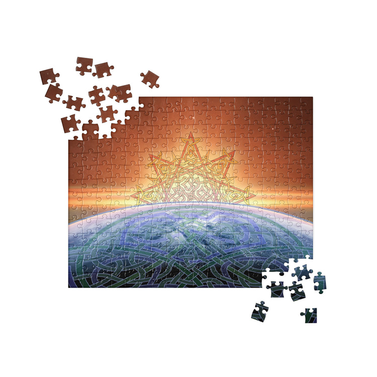 A 252 piece Xigfireon jigsaw puzzle featuring the `Derivation II` Celtic knot merger design, which symbolizes the Sun and the Earth and their cosmic dance.