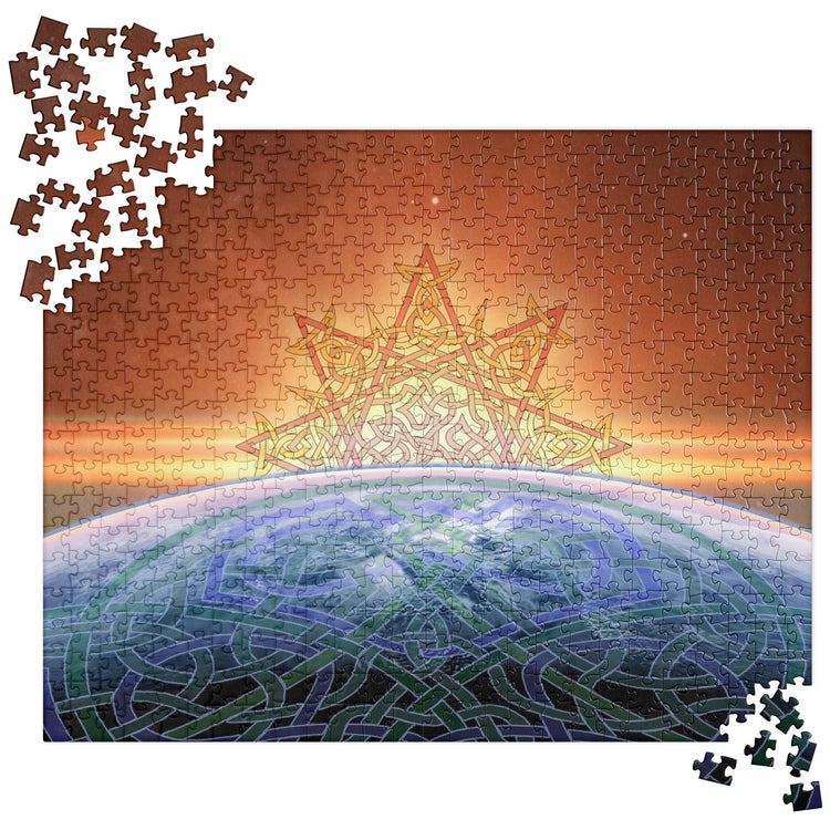 A 520 piece Xigfireon jigsaw puzzle featuring the `Derivation II` Celtic knot merger design, which symbolizes the Sun and the Earth and their cosmic dance.