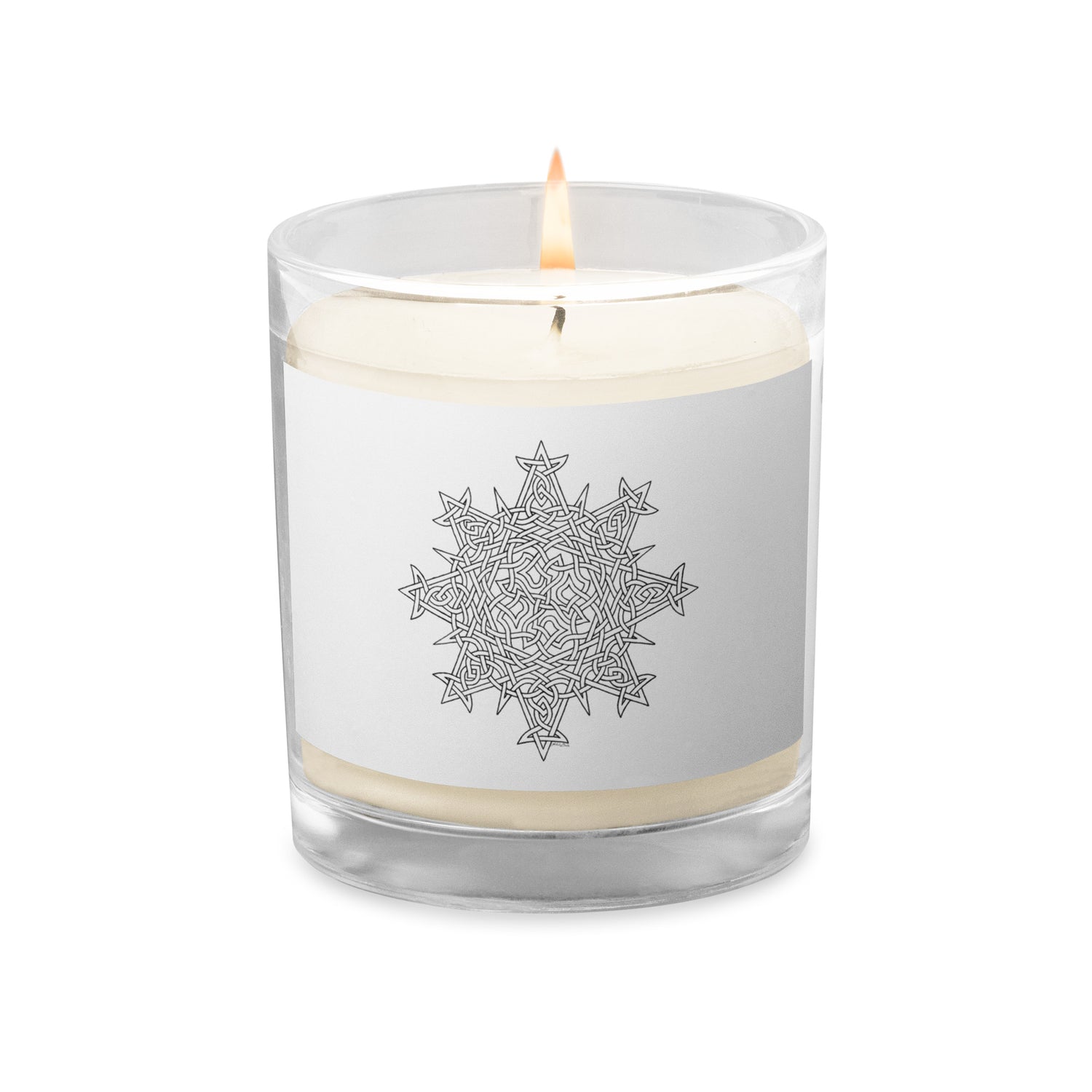 A Xigfireon glass jar soy wax candle featuring the Black & White Hollow iteration of the `Morning Star Fire` Celtic knot design. The `Morning Star Fire` Celtic knot symbolizes Father Sun.