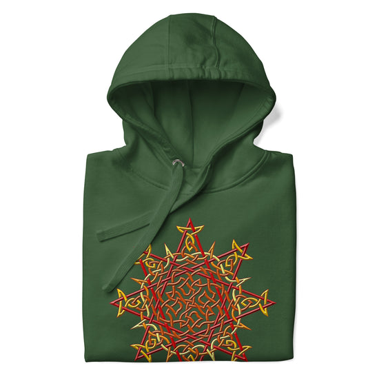 A folded forest green Xigfireon graphic hoodie featuring the Fire Colour iteration of the `Morning Star Fire` Celtic knot design. The `Morning Star Fire` Celtic knot represents the Sun.