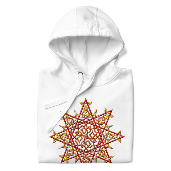 A folded white Xigfireon graphic hoodie featuring the Fire Colour iteration of the `Morning Star Fire` Celtic knot design. The `Morning Star Fire` Celtic knot represents our glorious Sun.