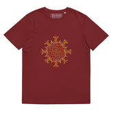 A burgundy Xigfireon graphic organic cotton t-shirt featuring the Fire Colour iteration of the `Morning Star Fire` Celtic knot design. The `Morning Star Fire` Celtic knot represents our benevolent Father Sun.