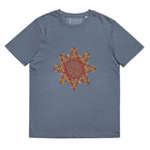 A dark heather blue Xigfireon graphic organic cotton t-shirt featuring the Fire Colour iteration of the `Morning Star Fire` Celtic knot design. The `Morning Star Fire` Celtic knot represents our benevolent Father Sun.