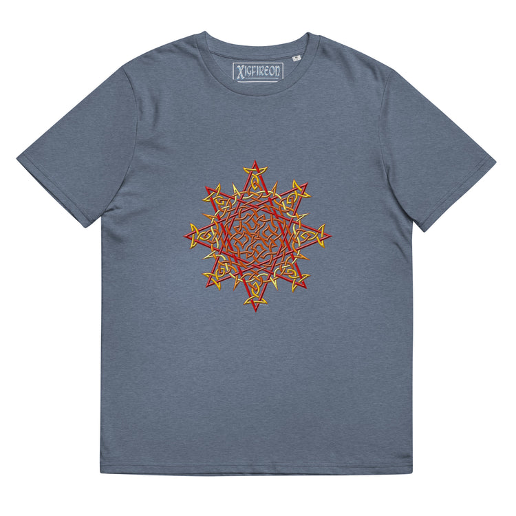 A dark heather blue Xigfireon graphic organic cotton t-shirt featuring the Fire Colour iteration of the `Morning Star Fire` Celtic knot design. The `Morning Star Fire` Celtic knot represents our benevolent Father Sun.