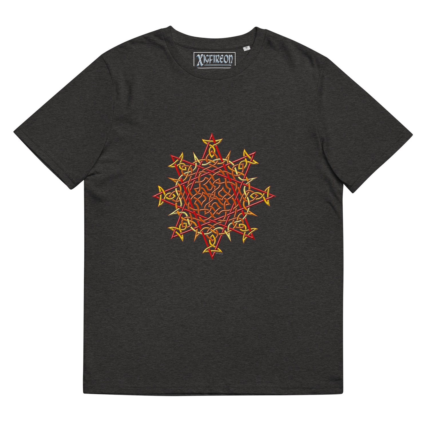 A dark heather grey Xigfireon graphic organic cotton t-shirt featuring the Fire Colour iteration of the `Morning Star Fire` Celtic knot design. The `Morning Star Fire` Celtic knot represents our benevolent Father Sun.