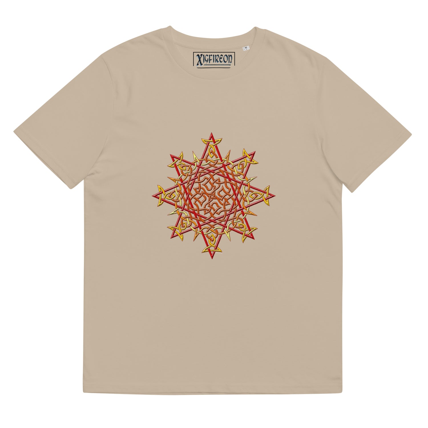 A desert dust Xigfireon graphic organic cotton t-shirt featuring the Fire Colour iteration of the `Morning Star Fire` Celtic knot design. The `Morning Star Fire` Celtic knot represents our benevolent Father Sun.