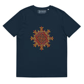 A French navy blue Xigfireon graphic organic cotton t-shirt featuring the Fire Colour iteration of the `Morning Star Fire` Celtic knot design. The `Morning Star Fire` Celtic knot represents our benevolent Father Sun.