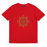 A red Xigfireon graphic organic cotton t-shirt featuring the Fire Colour iteration of the `Morning Star Fire` Celtic knot design. The `Morning Star Fire` Celtic knot represents our benevolent Father Sun.