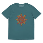 A stargazer Xigfireon graphic organic cotton t-shirt featuring the Fire Colour iteration of the `Morning Star Fire` Celtic knot design. The `Morning Star Fire` Celtic knot represents our benevolent Father Sun.