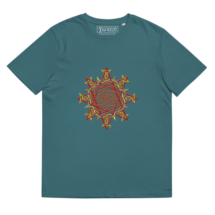 A stargazer Xigfireon graphic organic cotton t-shirt featuring the Fire Colour iteration of the `Morning Star Fire` Celtic knot design. The `Morning Star Fire` Celtic knot represents our benevolent Father Sun.