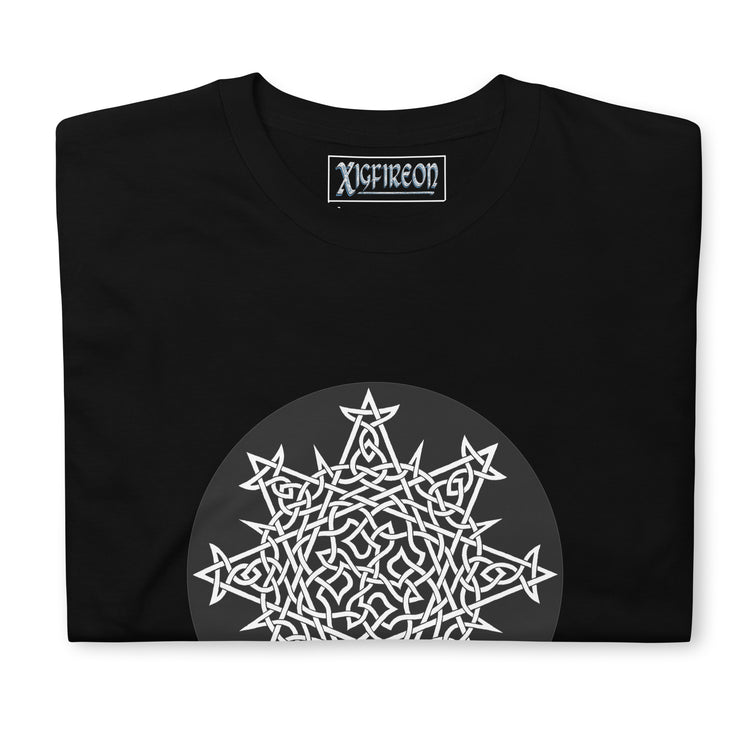 A folded black Xigfireon graphic t-shirt featuring the Black & White Circle iteration of the `Morning Star Fire` Celtic knot design. The `Morning Star Fire` Celtic knot represents Father Sun and the eternal Cosmic Light.