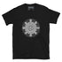 A black Xigfireon graphic t-shirt featuring the Black & White Circle iteration of the `Morning Star Fire` Celtic knot design. The `Morning Star Fire` Celtic knot represents Father Sun and the eternal Cosmic Light.