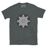 A dark heather Xigfireon graphic t-shirt featuring the Black & White Circle iteration of the `Morning Star Fire` Celtic knot design. The `Morning Star Fire` Celtic knot represents Father Sun and the eternal Cosmic Light.