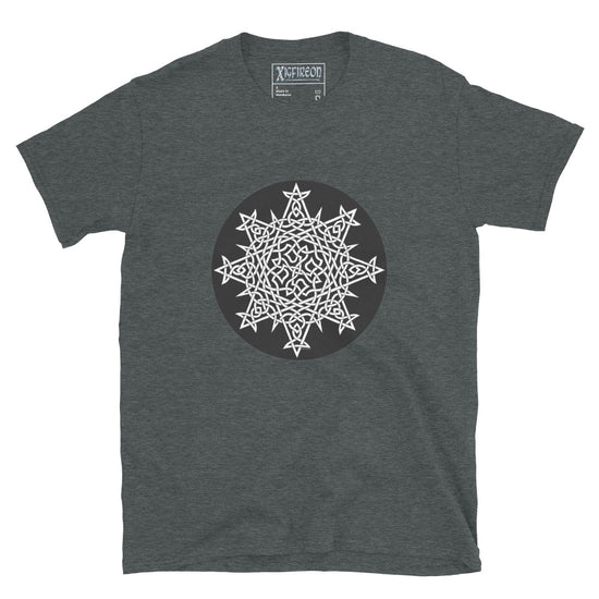 A dark heather Xigfireon graphic t-shirt featuring the Black & White Circle iteration of the `Morning Star Fire` Celtic knot design. The `Morning Star Fire` Celtic knot represents Father Sun and the eternal Cosmic Light.