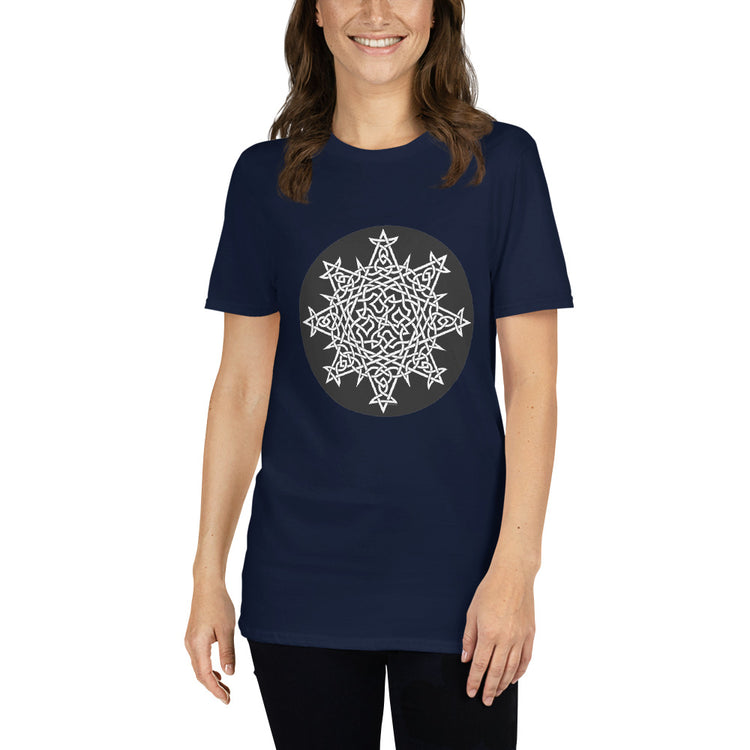 A young woman wearing a navy blue Xigfireon graphic t-shirt featuring the Black & White Circle iteration of the `Morning Star Fire` Celtic knot design. The `Morning Star Fire` Celtic knot represents Father Sun and the eternal Cosmic Light.