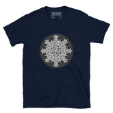 A navy blue Xigfireon graphic t-shirt featuring the Black & White Circle iteration of the `Morning Star Fire` Celtic knot design. The `Morning Star Fire` Celtic knot represents Father Sun and the eternal Cosmic Light.