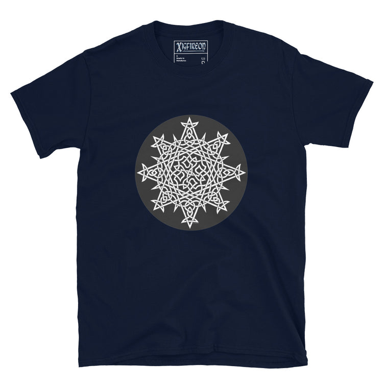 A navy blue Xigfireon graphic t-shirt featuring the Black & White Circle iteration of the `Morning Star Fire` Celtic knot design. The `Morning Star Fire` Celtic knot represents Father Sun and the eternal Cosmic Light.