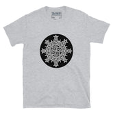 A sport grey Xigfireon graphic t-shirt featuring the Black & White Circle iteration of the `Morning Star Fire` Celtic knot design. The `Morning Star Fire` Celtic knot represents Father Sun and the eternal Cosmic Light.