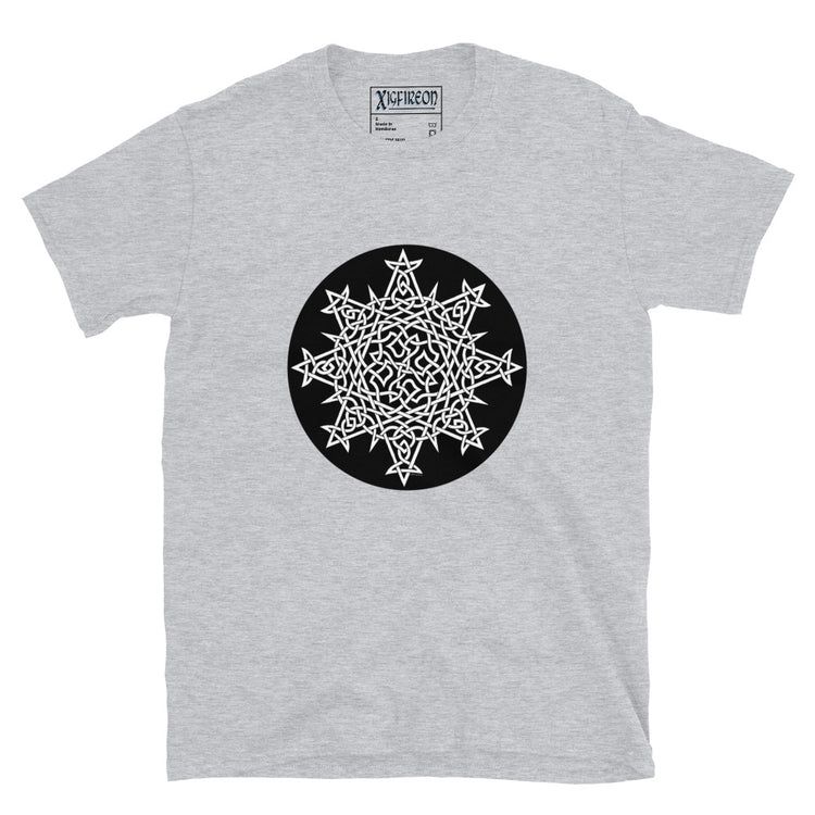 A sport grey Xigfireon graphic t-shirt featuring the Black & White Circle iteration of the `Morning Star Fire` Celtic knot design. The `Morning Star Fire` Celtic knot represents Father Sun and the eternal Cosmic Light.