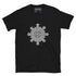 A black Xigfireon graphic t-shirt featuring the Black & White Hollow iteration of the `Morning Star Fire` Celtic knot design. The `Morning Star Fire` Celtic knot symbolizes the Sun.