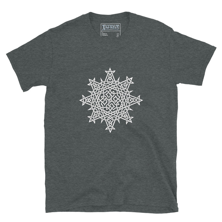 A dark heather Xigfireon graphic t-shirt featuring the Black & White Hollow iteration of the `Morning Star Fire` Celtic knot design. The `Morning Star Fire` Celtic knot symbolizes the Sun.