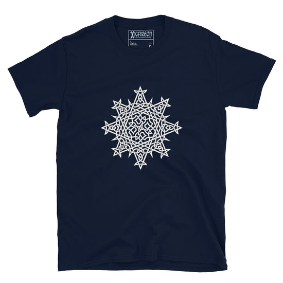 A navy blue Xigfireon graphic t-shirt featuring the Black & White Hollow iteration of the `Morning Star Fire` Celtic knot design. The `Morning Star Fire` Celtic knot symbolizes the Sun.