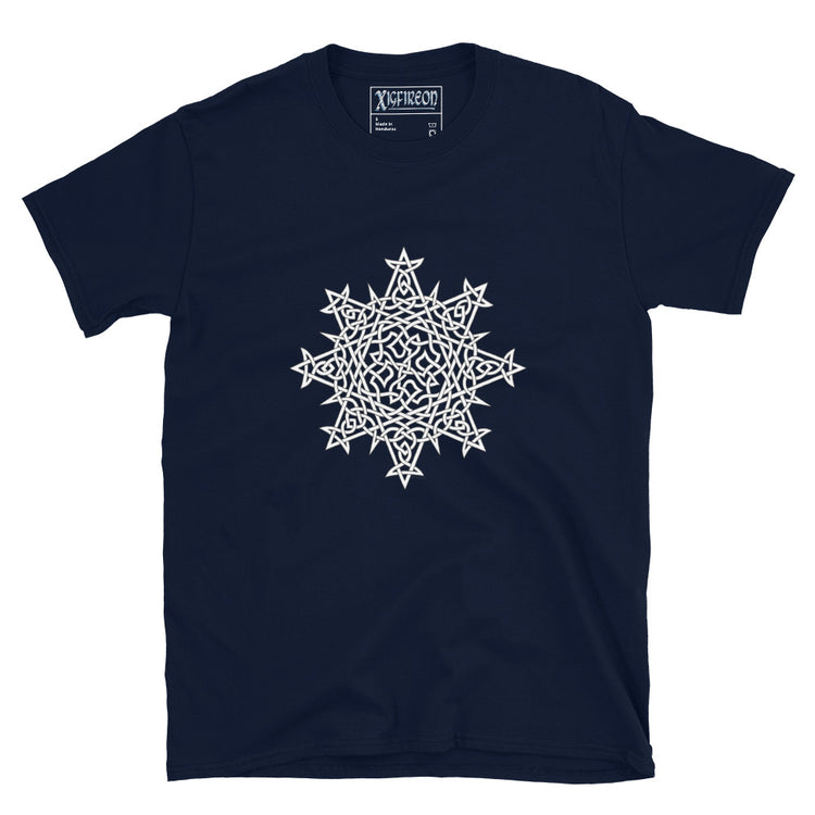 A navy blue Xigfireon graphic t-shirt featuring the Black & White Hollow iteration of the `Morning Star Fire` Celtic knot design. The `Morning Star Fire` Celtic knot symbolizes the Sun.