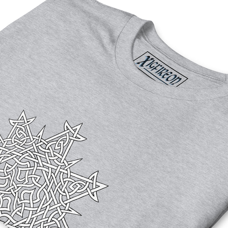 A close-up view of a sport grey Xigfireon graphic t-shirt featuring the Black & White Hollow iteration of the `Morning Star Fire` Celtic knot design. The `Morning Star Fire` Celtic knot symbolizes the Sun.