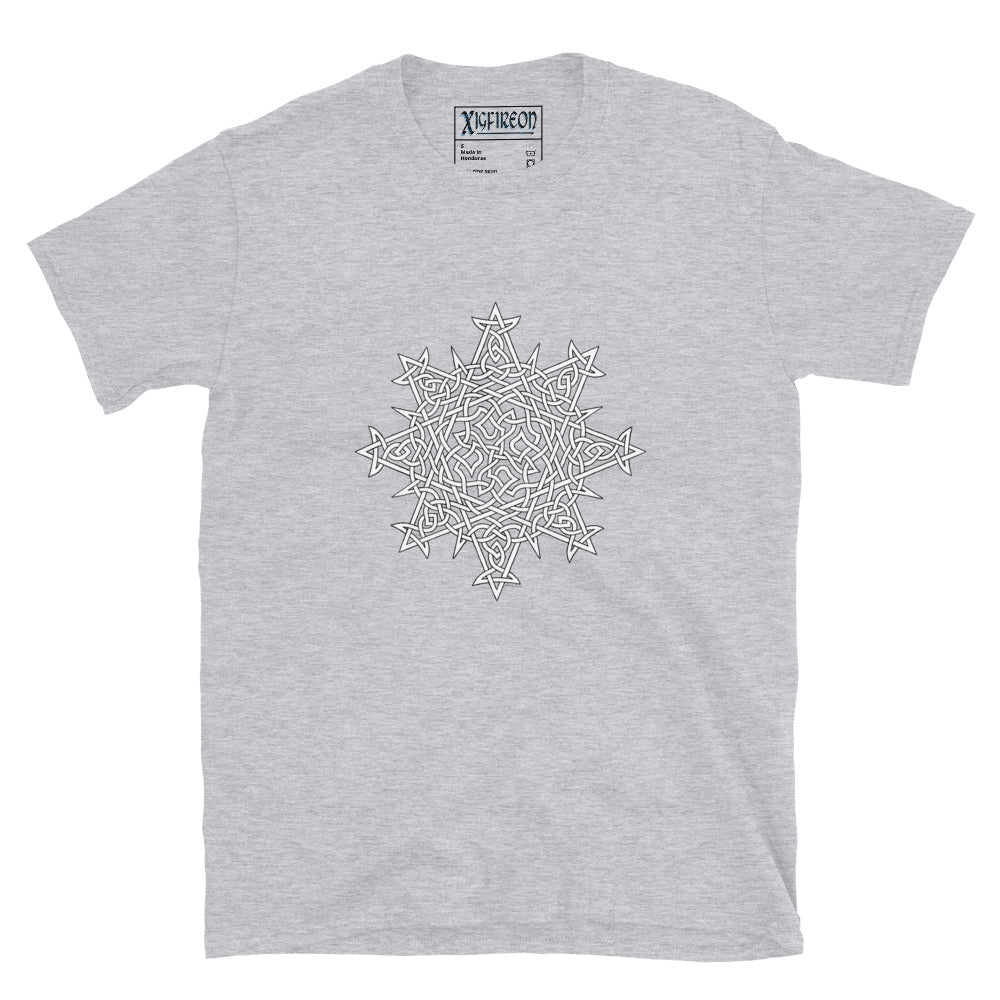 A sport grey Xigfireon graphic t-shirt featuring the Black & White Hollow iteration of the `Morning Star Fire` Celtic knot design. The `Morning Star Fire` Celtic knot symbolizes the Sun.