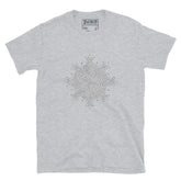 A sport grey Xigfireon graphic t-shirt featuring the Black & White Hollow iteration of the `Morning Star Fire` Celtic knot design. The `Morning Star Fire` Celtic knot symbolizes the Sun.