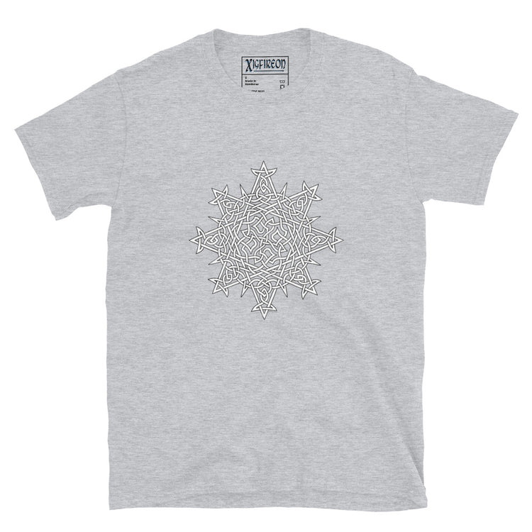 A sport grey Xigfireon graphic t-shirt featuring the Black & White Hollow iteration of the `Morning Star Fire` Celtic knot design. The `Morning Star Fire` Celtic knot symbolizes the Sun.