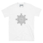 A white Xigfireon graphic t-shirt featuring the Black & White Hollow iteration of the `Morning Star Fire` Celtic knot design. The `Morning Star Fire` Celtic knot symbolizes the Sun.