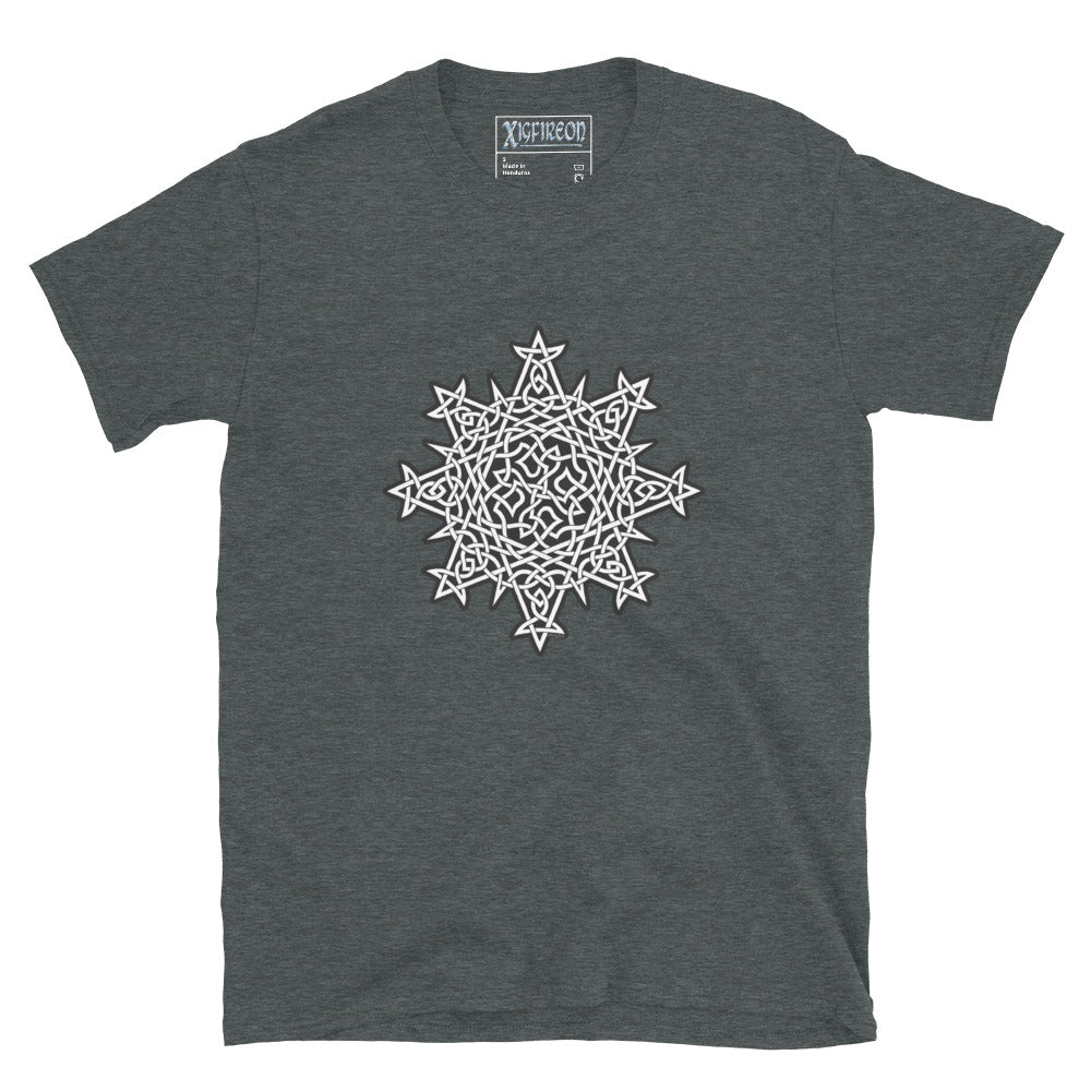 A dark heather Xigfireon graphic t-shirt featuring the Black & White Solid iteration of the `Morning Star Fire` Celtic knot design. The `Morning Star Fire` Celtic knot symbolizes the Sun.