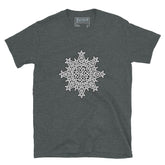 A dark heather Xigfireon graphic t-shirt featuring the Black & White Solid iteration of the `Morning Star Fire` Celtic knot design. The `Morning Star Fire` Celtic knot symbolizes the Sun.