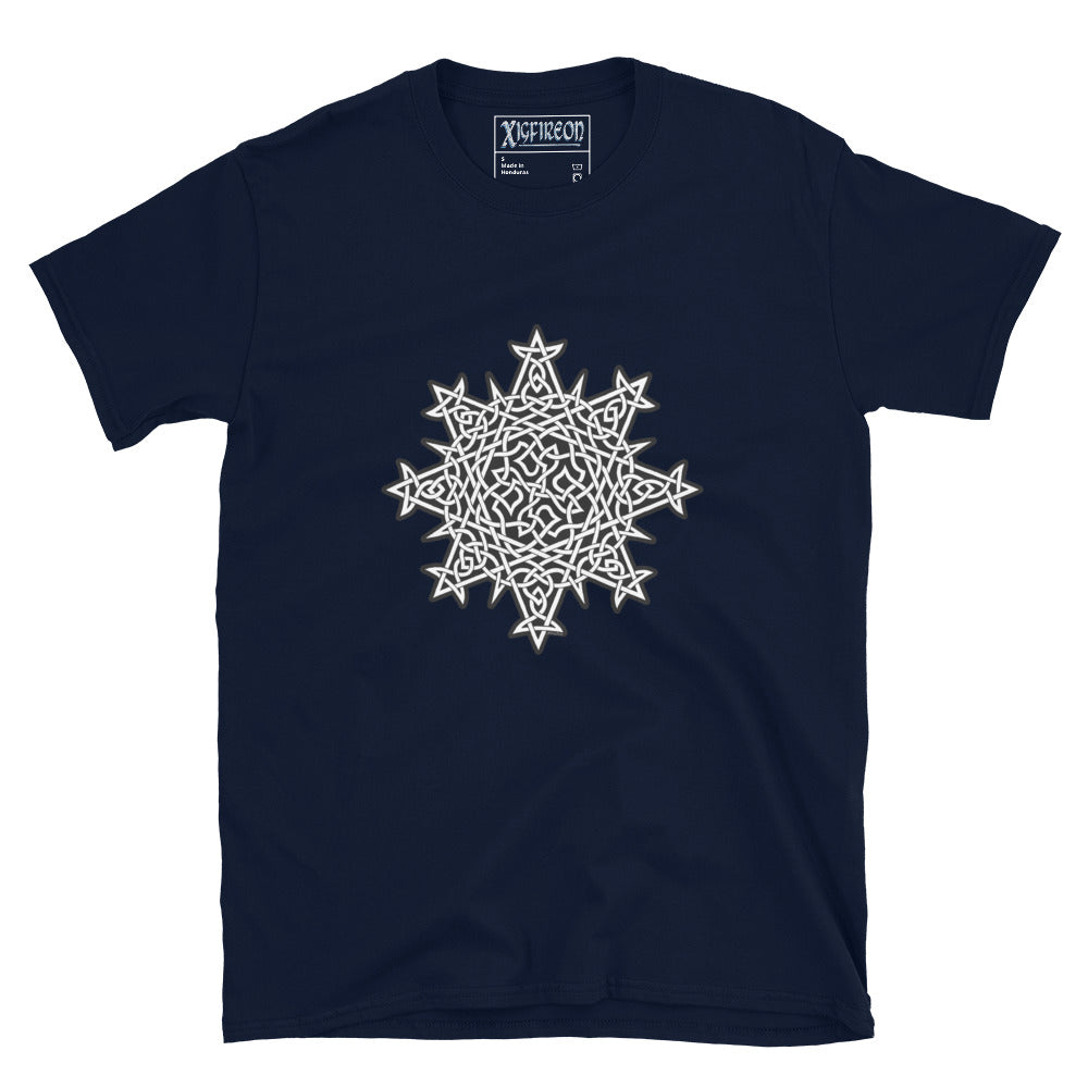 A navy blue Xigfireon graphic t-shirt featuring the Black & White Solid iteration of the `Morning Star Fire` Celtic knot design. The `Morning Star Fire` Celtic knot symbolizes the Sun.